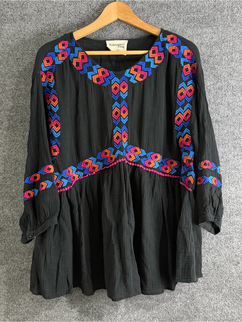 Savanna Jane Womens 2X Black Embroidered Babydoll Peasant Tunic Top Blouse